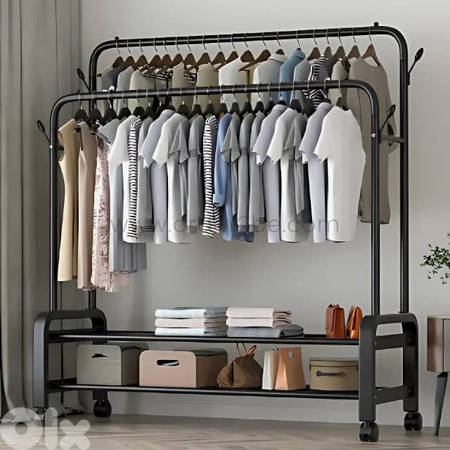 Modern Double Rod Clothing Rack – 48kg Load, Wheels & 2 Shelves 10