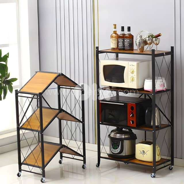 Heavy-Duty Storage Rack – Foldable Steel & Wood Organizer with Wheels 0