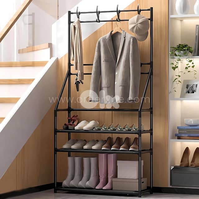 Modern Entryway Shoe Rack – 3 Tiers & 8 Hooks for Coats, Shoes & Bags 0