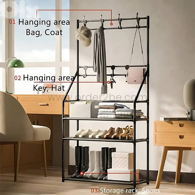 Modern Entryway Shoe Rack – 3 Tiers & 8 Hooks for Coats, Shoes & Bags 1