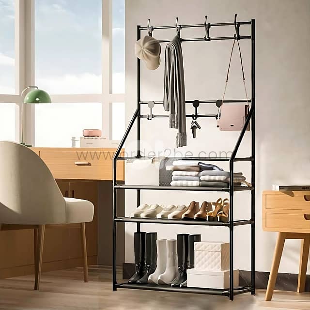 Modern Entryway Shoe Rack – 3 Tiers & 8 Hooks for Coats, Shoes & Bags 8