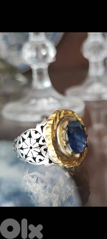 Silver sapphire stone Ring | خاتم فضة زفير صياغة يدوية 0