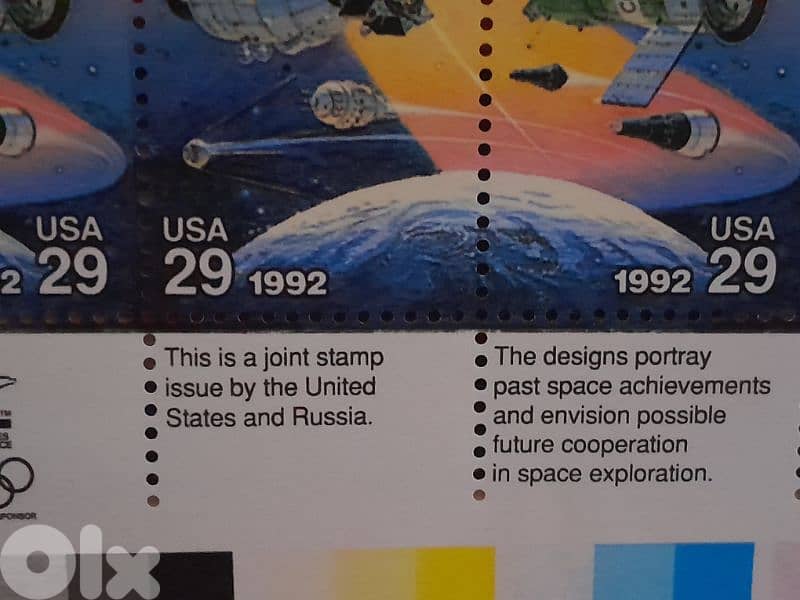 RARE - 1992 Space Accomplishments Russian/American Space sheet stamps 1