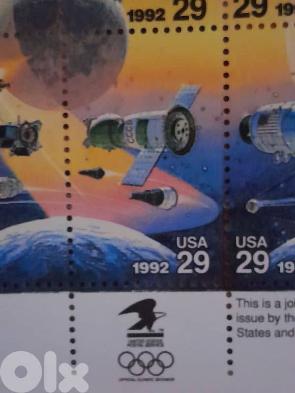 RARE - 1992 Space Accomplishments Russian/American Space sheet stamps 2