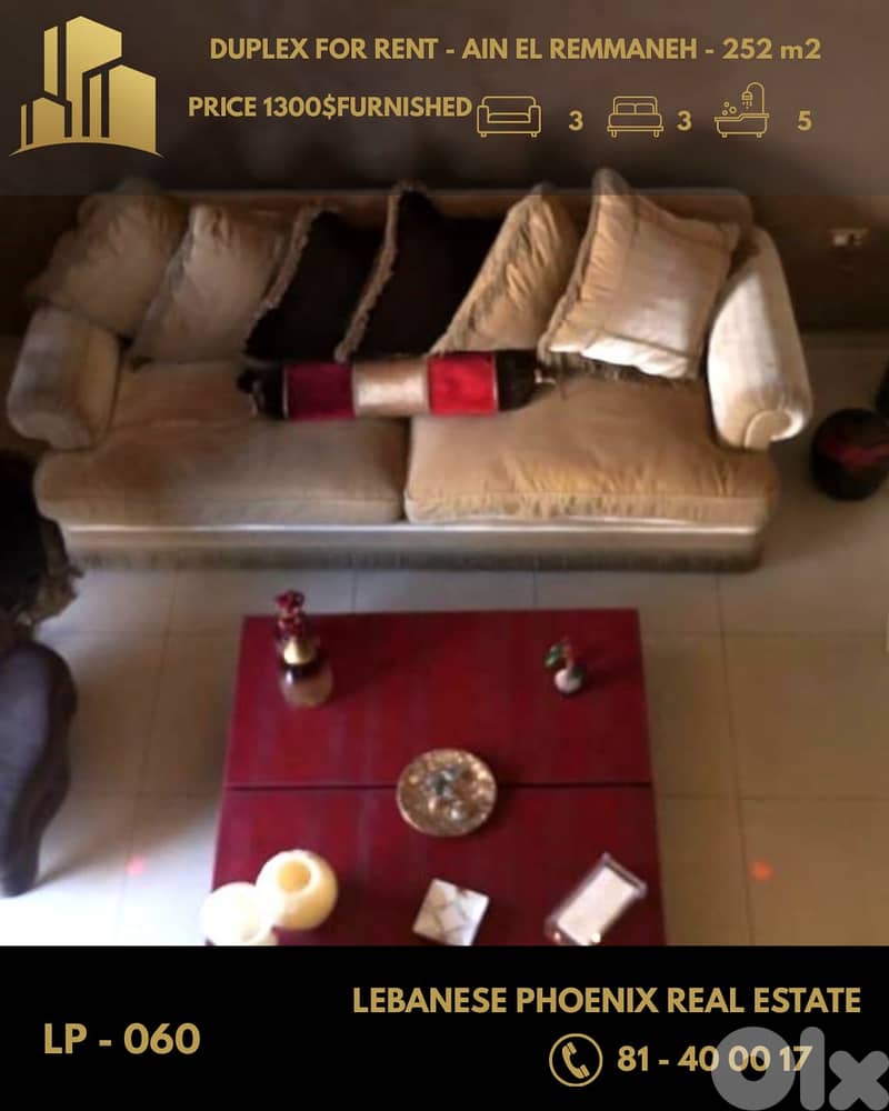 Fully Furnished Duplex for rent in Ain El Remmaneh + 2 large Terraces 0