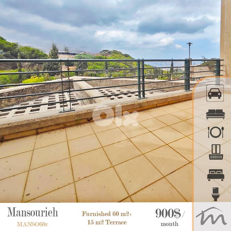 Mansourieh | Furnished 65m² + 50m² Terrace | Excellent Building Status 0