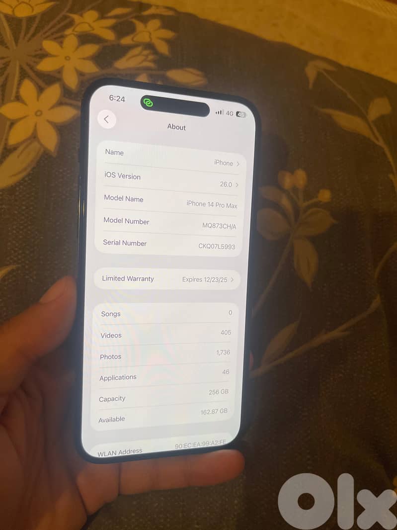 Iphone 14 pro max 256 kafelto la 23/12/2025 batarie 87% 2