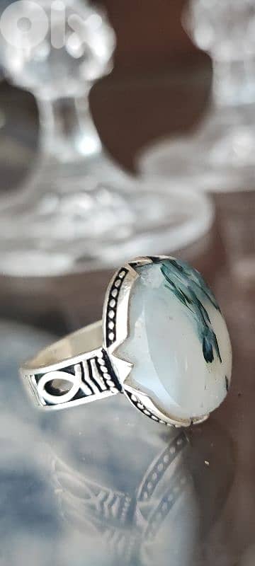 Silver  Tree Pictured Agate Ring 0