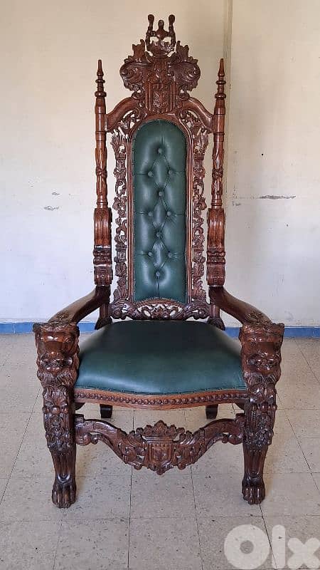 Antique Royal Throne Chair  Hand-carved solid wood for sale 9