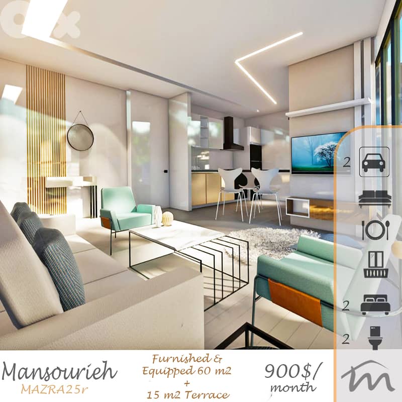 Mansourieh | Furnished 60m² + 15m² Terrace | Excellent Building Status 0