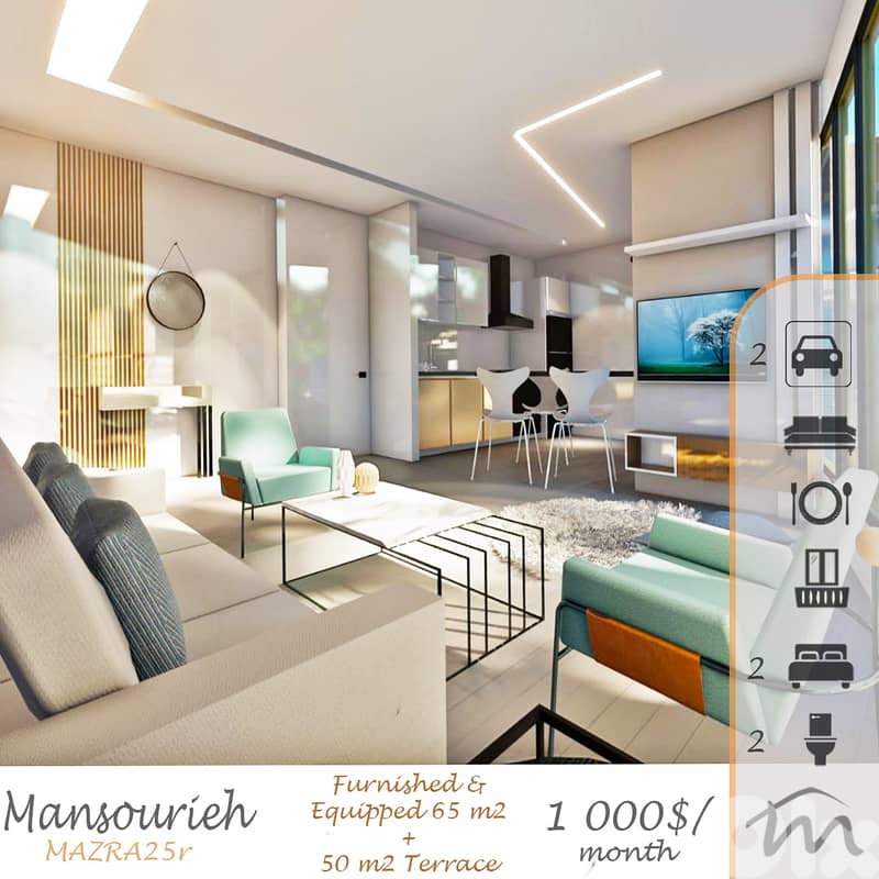 Mansourieh | Furnished 65m² + 50m² Terrace | Excellent Building Status 0