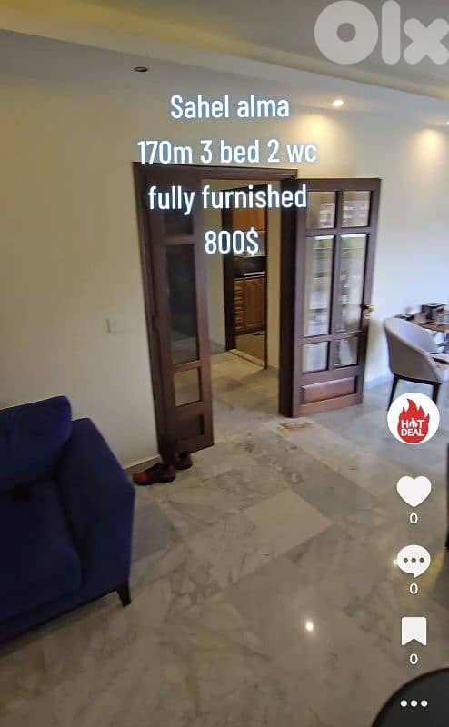 sahel alma 3 bed 2 wc furnished for 800$ wonderfull apa 0