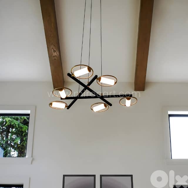 Modern Cross Pendant Chandelier | 6-Light Halo Design in Black & Gold 1