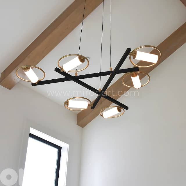 Modern Cross Pendant Chandelier | 6-Light Halo Design in Black & Gold 8