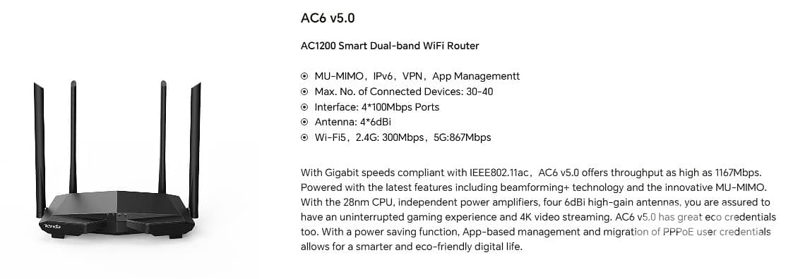 Tenda Router Gaming Ac6 Ac1200 Smart Dual band 2.4Ghz, 5Ghz 4 Antennas 6