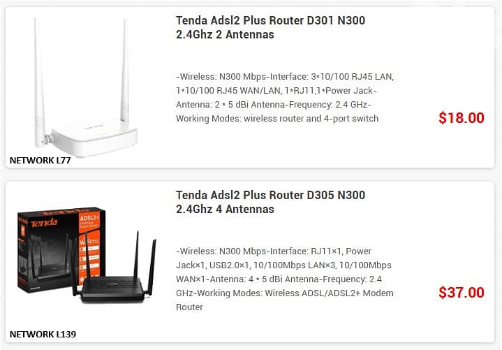 Tenda Adsl 2 Plus Router N300 2.4Ghz D301 2 ANTENNAS D305 4 ANTENNAS 2