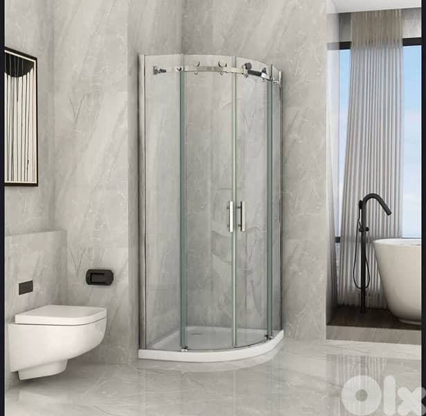 Semi-circular shower cabin with double sliding transparent doors 0