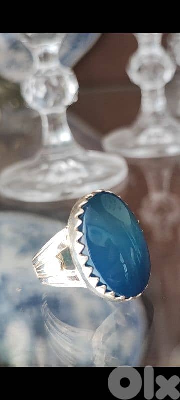 Silver Blue Aqeeq Ring