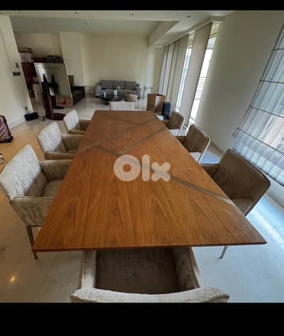 Modern  Wood & Metal Dining Table,  8 Upholstered Chairs  and buffet