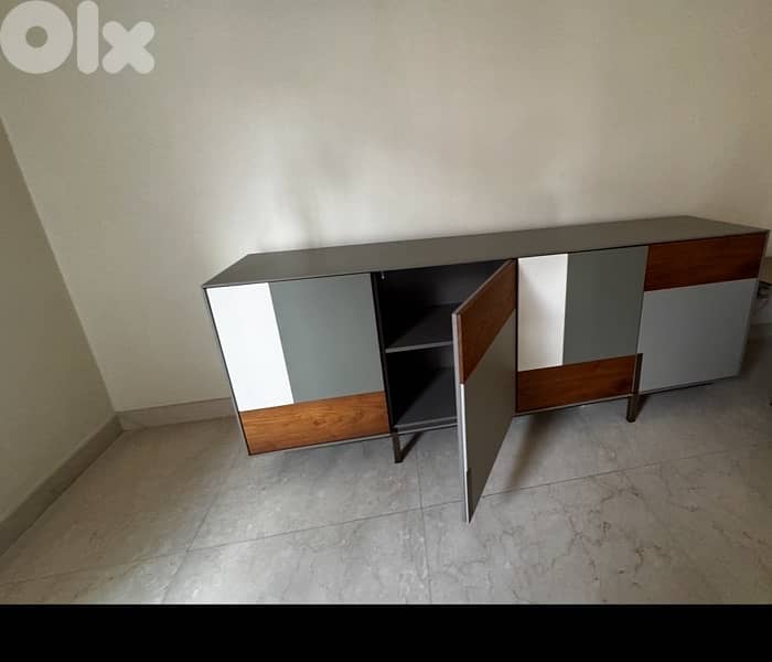 Modern  Wood & Metal Dining Table,  8 Upholstered Chairs  and buffet 1