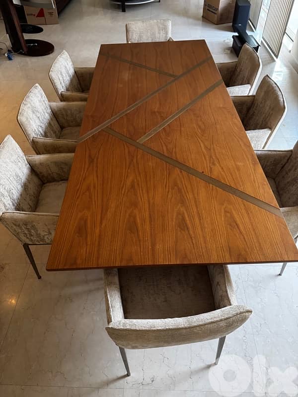 Modern  Wood & Metal Dining Table,  8 Upholstered Chairs  and buffet 7