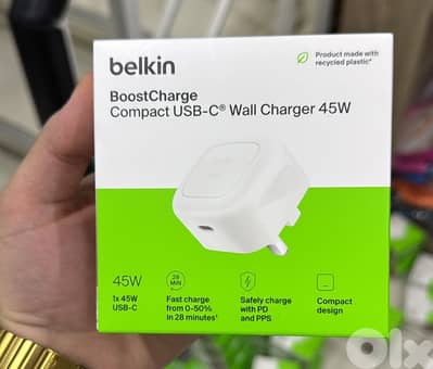 Belkin Boostcharge compact usb-c wall charger 45w 3pin white