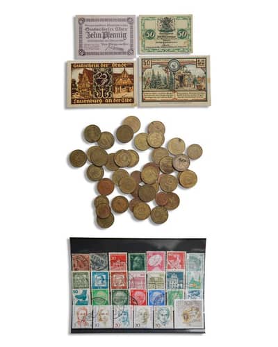 German lot of banknotes, coins and stamps