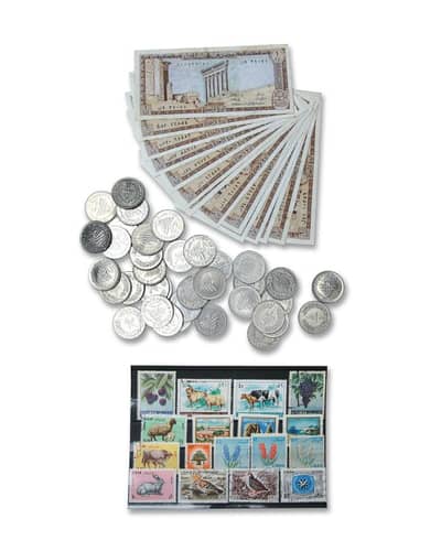 Lebanon lot of banknotes, coins and stamps