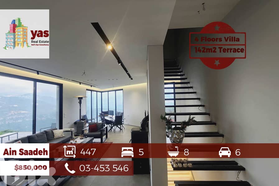 Ain Saadeh 447m2 | 142m2 Terrace | 4 Floors Villa |Astonishing View|OH 0