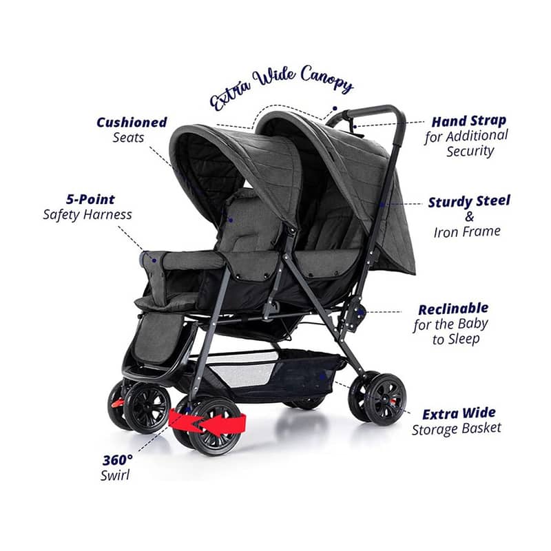 Double Baby Stroller with Hooks - عربة أطفال مزدوجة مع خطافات 1