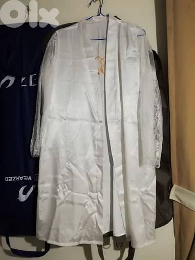 bride to be dress, robe, and accessories
