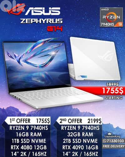 ASUS ROG ZEPHYRUS G14 RYZEN 9 7940HS RTX 4080 | RTX 4090 14” 2K 165HZ