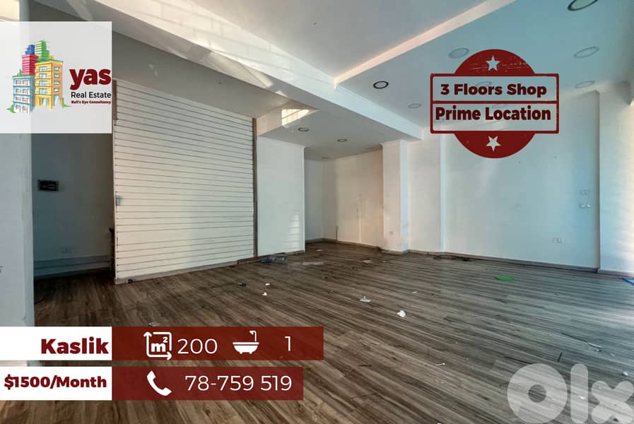 Kaslik 200m2 | 3 Floors Shop | Rent | Prime Location | EH 0