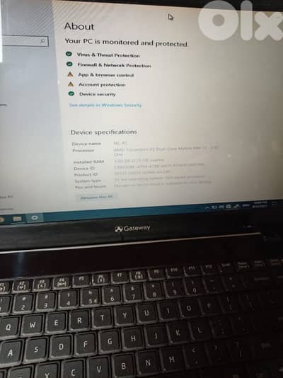 laptop gateway amd cpu dual core ram 3gb hard 320gb bi 100$