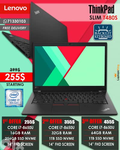 Lenovo Thinkpad T480s Core i7-8650u 14” Laptops