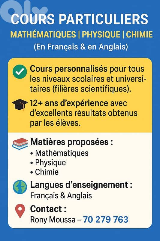 Cours Particuliers – Mathématiques, Physique, Chimie (Fr& en Anglais) 0