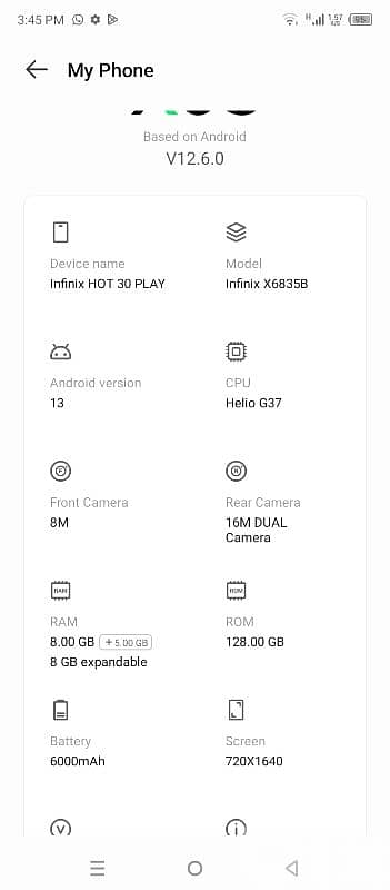Infinix hot 30 play 128gaga 8+5ram