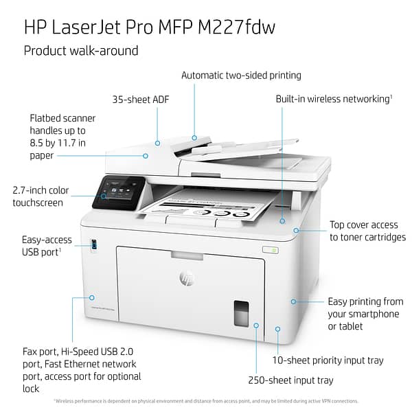 Hp Printer Laserjet M227Fdw 4 In 1 Black Usb, Network, Wifi, Fax G3Q75 5