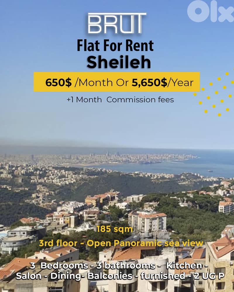 185 sqm Furnished Apartment with a stunning view for rent in sheileh ! 0