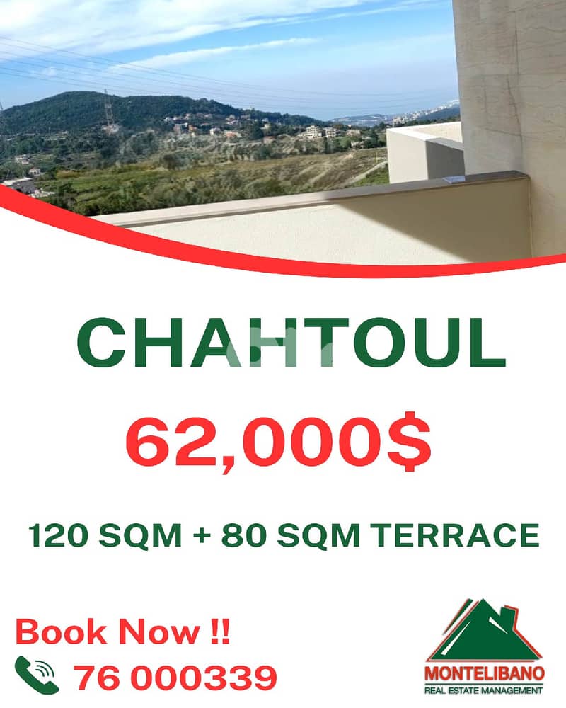 120 sqm Apartment For Sale in Chahtoul (شحتول) with 80 sqm Terrace 0