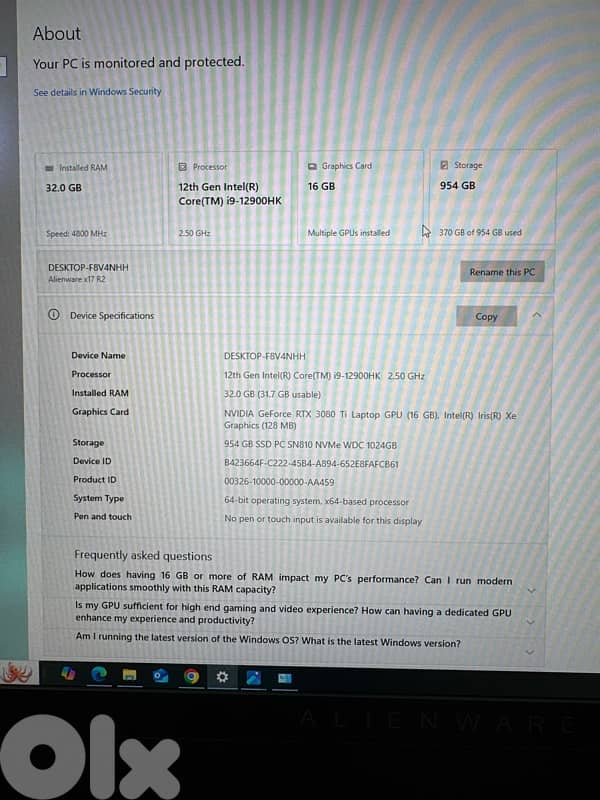 Dell Alienware X17 R2 Core i9 12th Gen 32 GB RTX 3080ti 16GB 5