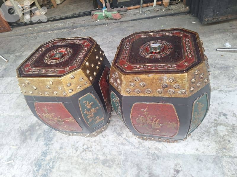 Vintage Chinese Hand Carved Lacquered Octagonal Wooden Rice Barrel 0