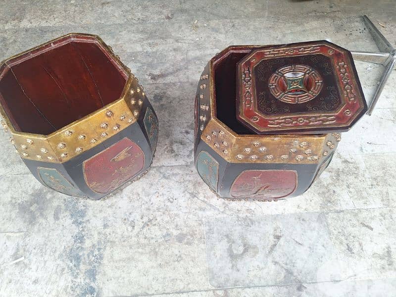 Vintage Chinese Hand Carved Lacquered Octagonal Wooden Rice Barrel 3