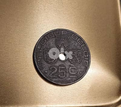 Belgium 1942 WW II Zinc 25 Centimes Leopold III