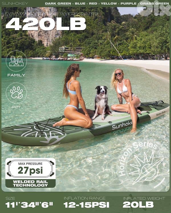 SUNHOKEY (Green) Stand Up Paddle Board (SUP) + D-rings for kayak seat 1