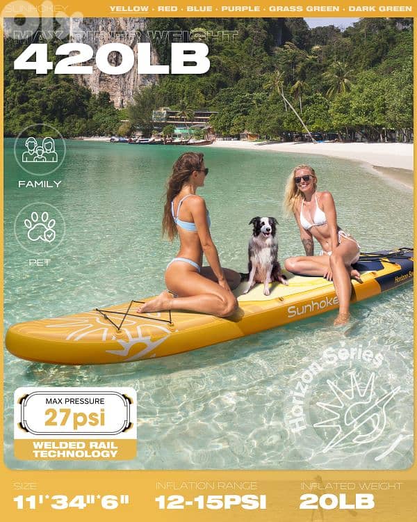 SUNHOKEY (YELLOW) Stand Up Paddle Board (SUP) + D-rings for kayak seat 2