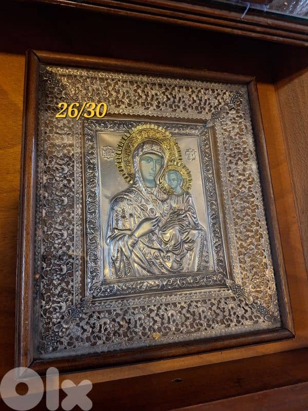 ايقونة فضة انتيك مميزة مع كادر خشب شغل قديم icon 0