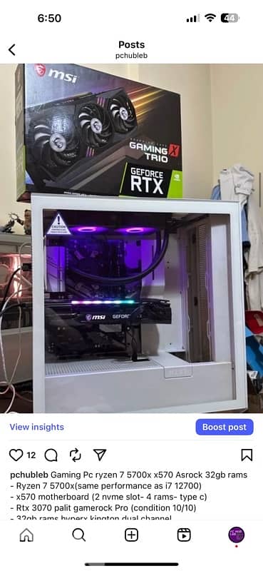 ryzen 7 5700x (same as i7 12700) , Rtx 3070 ,nzxt 32gb rams 1tb nvme