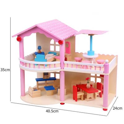 Wooden Doll House Second Floor Villa With Accessories - منزل دمى خشبي