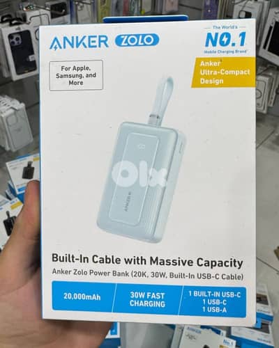 Anker zolo power bank (20k,30w,built in usb-c cable ) blue